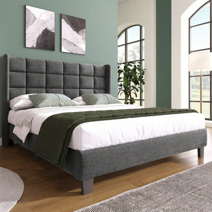 Polsterbett Mit seinem gepolstertes Kopfteil Doppelbett mit Lattenrost, 140x200cm ,in Grau Leinen, mittelfest
