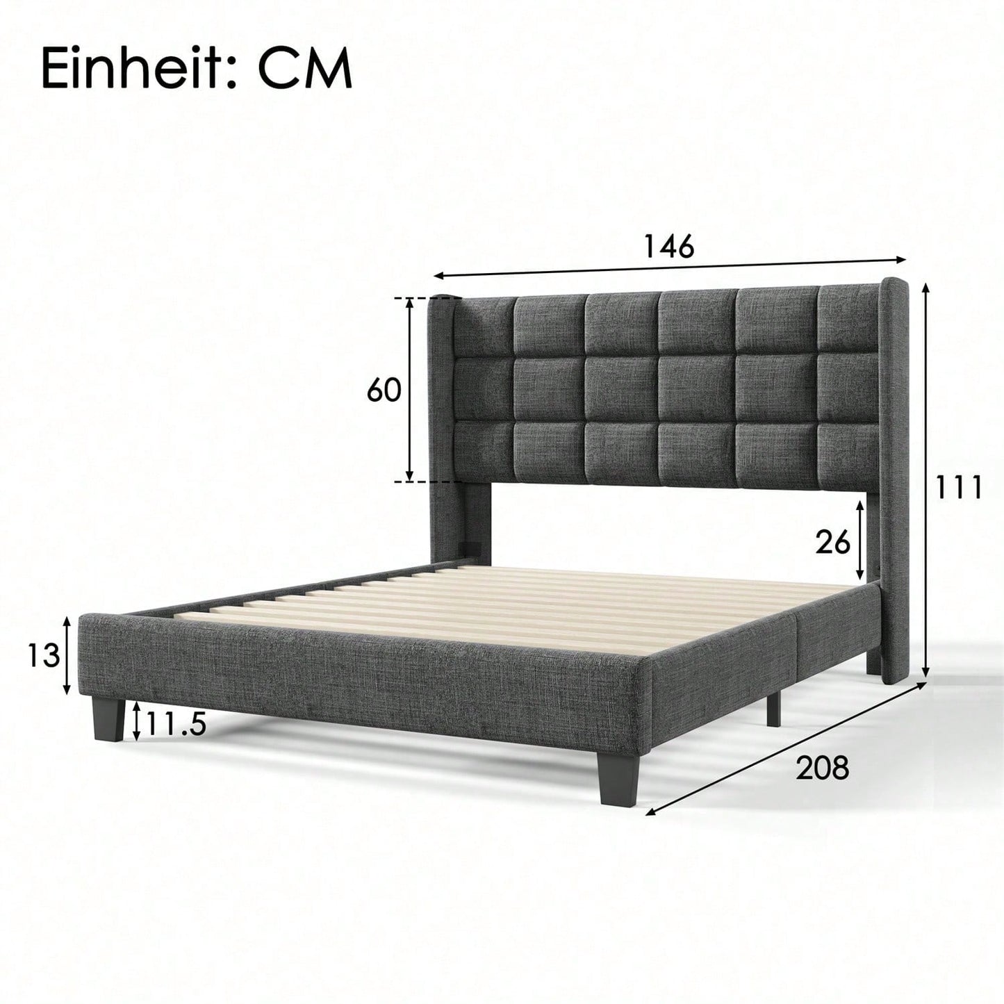 Polsterbett Mit seinem gepolstertes Kopfteil Doppelbett mit Lattenrost, 140x200cm ,in Grau Leinen, mittelfest