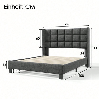 Polsterbett Mit seinem gepolstertes Kopfteil Doppelbett mit Lattenrost, 140x200cm ,in Grau Leinen, mittelfest