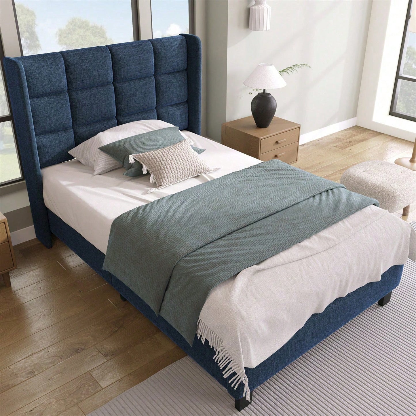 Modernes Design Polsterbett Mit seinem gepolstertes Kopfteil Einzelbett mit Lattenrost, 90x200cm ,in Blau Leinen, mittelfest