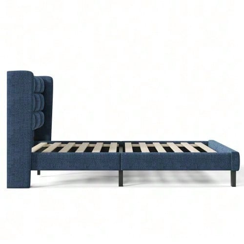 Modernes Design Polsterbett Mit seinem gepolstertes Kopfteil Einzelbett mit Lattenrost, 90x200cm ,in Blau Leinen, mittelfest