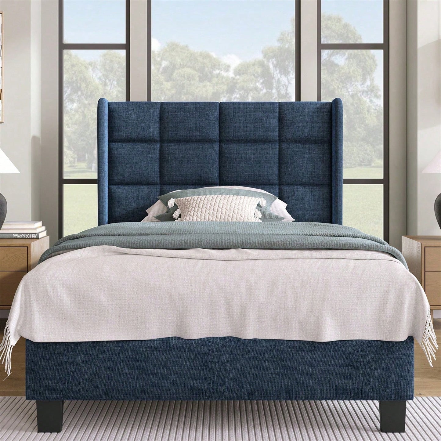 Modernes Design Polsterbett Mit seinem gepolstertes Kopfteil Einzelbett mit Lattenrost, 90x200cm ,in Blau Leinen, mittelfest
