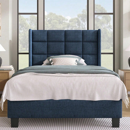 Modernes Design Polsterbett Mit seinem gepolstertes Kopfteil Einzelbett mit Lattenrost, 90x200cm ,in Blau Leinen, mittelfest