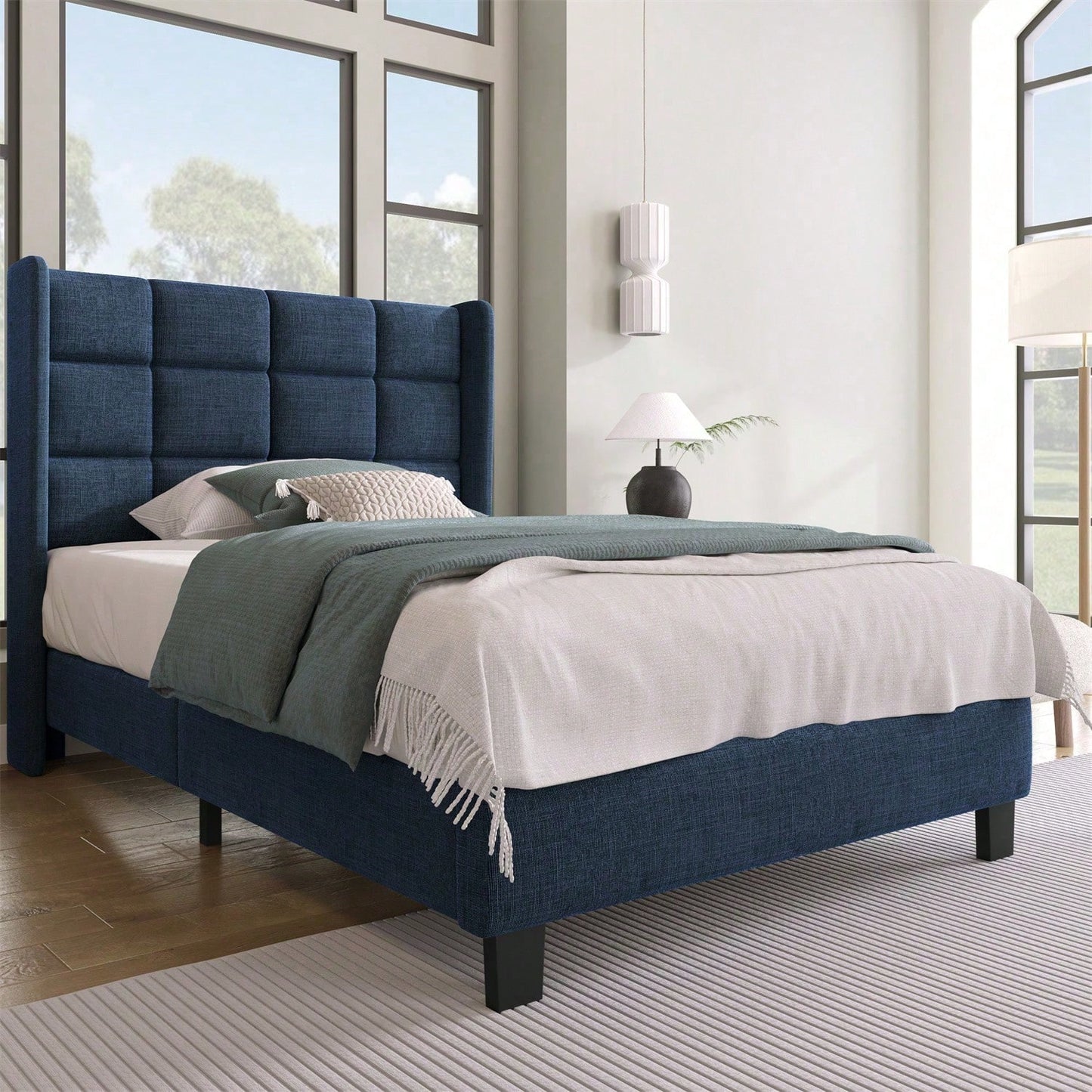 Modernes Design Polsterbett Mit seinem gepolstertes Kopfteil Einzelbett mit Lattenrost, 90x200cm ,in Blau Leinen, mittelfest