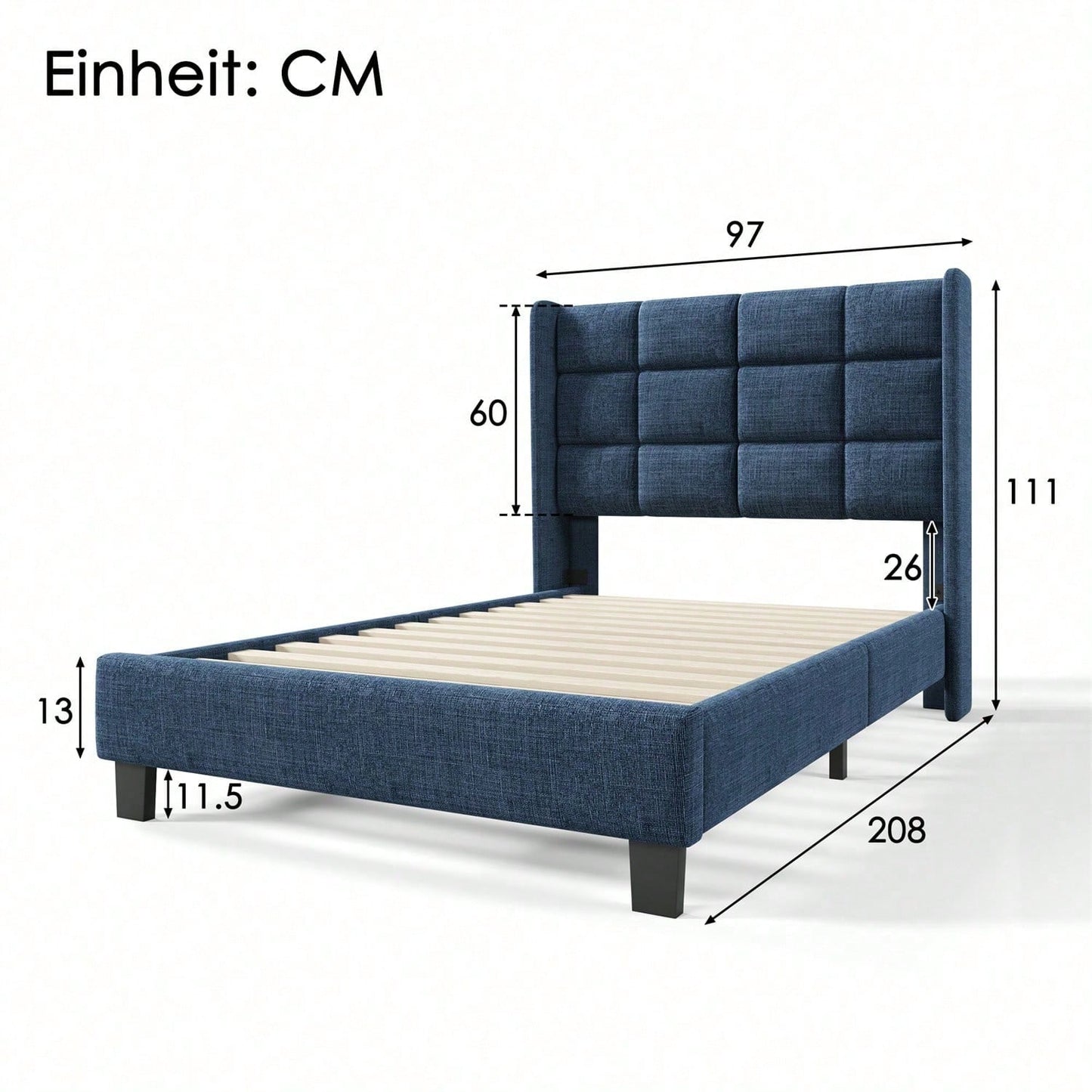 Modernes Design Polsterbett Mit seinem gepolstertes Kopfteil Einzelbett mit Lattenrost, 90x200cm ,in Blau Leinen, mittelfest