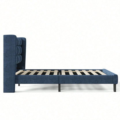 Modernes Design Polsterbett Mit seinem gepolstertes Kopfteil Einzelbett mit Lattenrost, 90x200cm ,in Blau Leinen, mittelfest