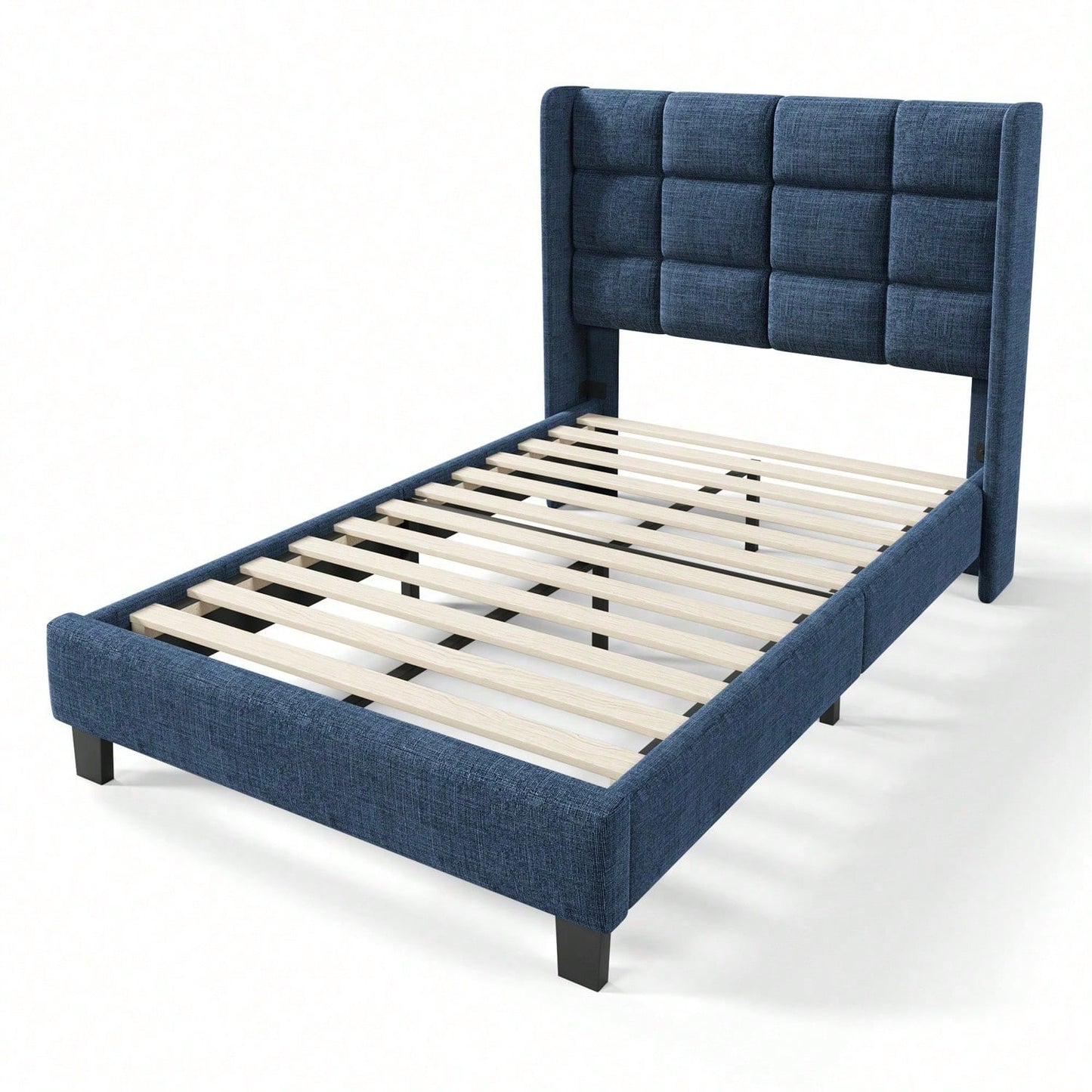 Modernes Design Polsterbett Mit seinem gepolstertes Kopfteil Einzelbett mit Lattenrost, 90x200cm ,in Blau Leinen, mittelfest