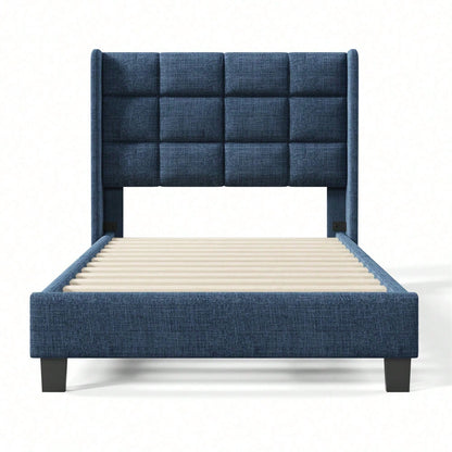 Modernes Design Polsterbett Mit seinem gepolstertes Kopfteil Einzelbett mit Lattenrost, 90x200cm ,in Blau Leinen, mittelfest