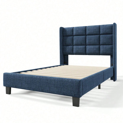 Modernes Design Polsterbett Mit seinem gepolstertes Kopfteil Einzelbett mit Lattenrost, 90x200cm ,in Blau Leinen, mittelfest