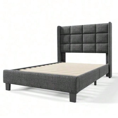 Modernes Design Polsterbett Mit seinem gepolstertes Kopfteil Einzelbett mit Lattenrost, 90x200cm ,in Blau Leinen, mittelfest