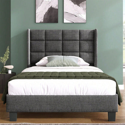 Modernes Design Polsterbett Mit seinem gepolstertes Kopfteil Einzelbett mit Lattenrost, 90x200cm ,in Blau Leinen, mittelfest