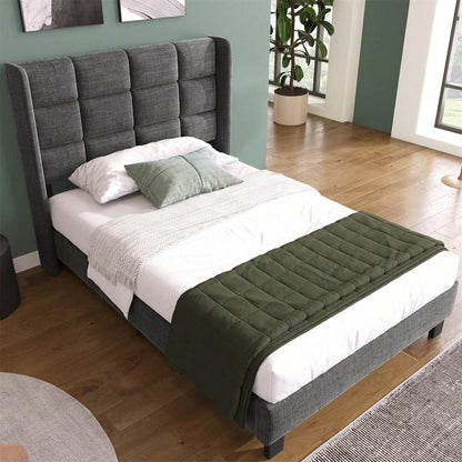Modernes Design Polsterbett Mit seinem gepolstertes Kopfteil Einzelbett mit Lattenrost, 90x200cm ,in Blau Leinen, mittelfest