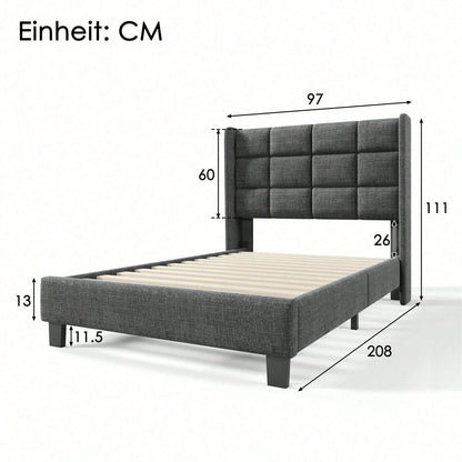 Modernes Design Polsterbett Mit seinem gepolstertes Kopfteil Einzelbett mit Lattenrost, 90x200cm ,in Blau Leinen, mittelfest