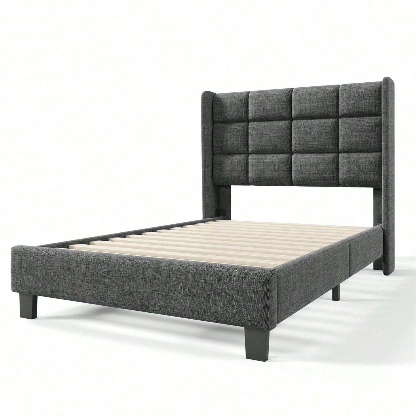 Modernes Design Polsterbett Mit seinem gepolstertes Kopfteil Einzelbett mit Lattenrost, 90x200cm ,in Blau Leinen, mittelfest