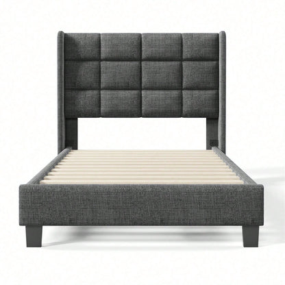 Modernes Design Polsterbett Mit seinem gepolstertes Kopfteil Einzelbett mit Lattenrost, 90x200cm ,in Blau Leinen, mittelfest