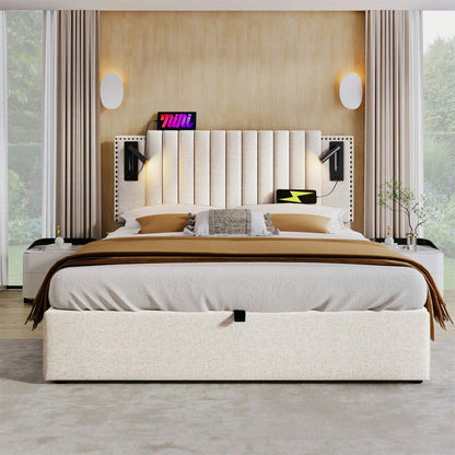 Polsterbett 140x200,Doppelbett Stauraum Bettkasten ,Leselicht mit USB Ladefunktion Kopfteil,Rückenlehne mit Nietendesign,Bett mit Lattenrost und Bettkasten, Baumwolle, Grau