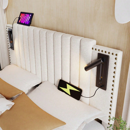 Polsterbett 140x200,Doppelbett Stauraum Bettkasten ,Leselicht mit USB Ladefunktion Kopfteil,Rückenlehne mit Nietendesign,Bett mit Lattenrost und Bettkasten, Baumwolle, Grau