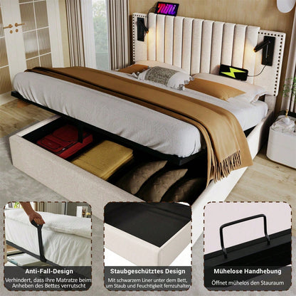 Polsterbett 140x200,Doppelbett Stauraum Bettkasten ,Leselicht mit USB Ladefunktion Kopfteil,Rückenlehne mit Nietendesign,Bett mit Lattenrost und Bettkasten, Baumwolle, Grau