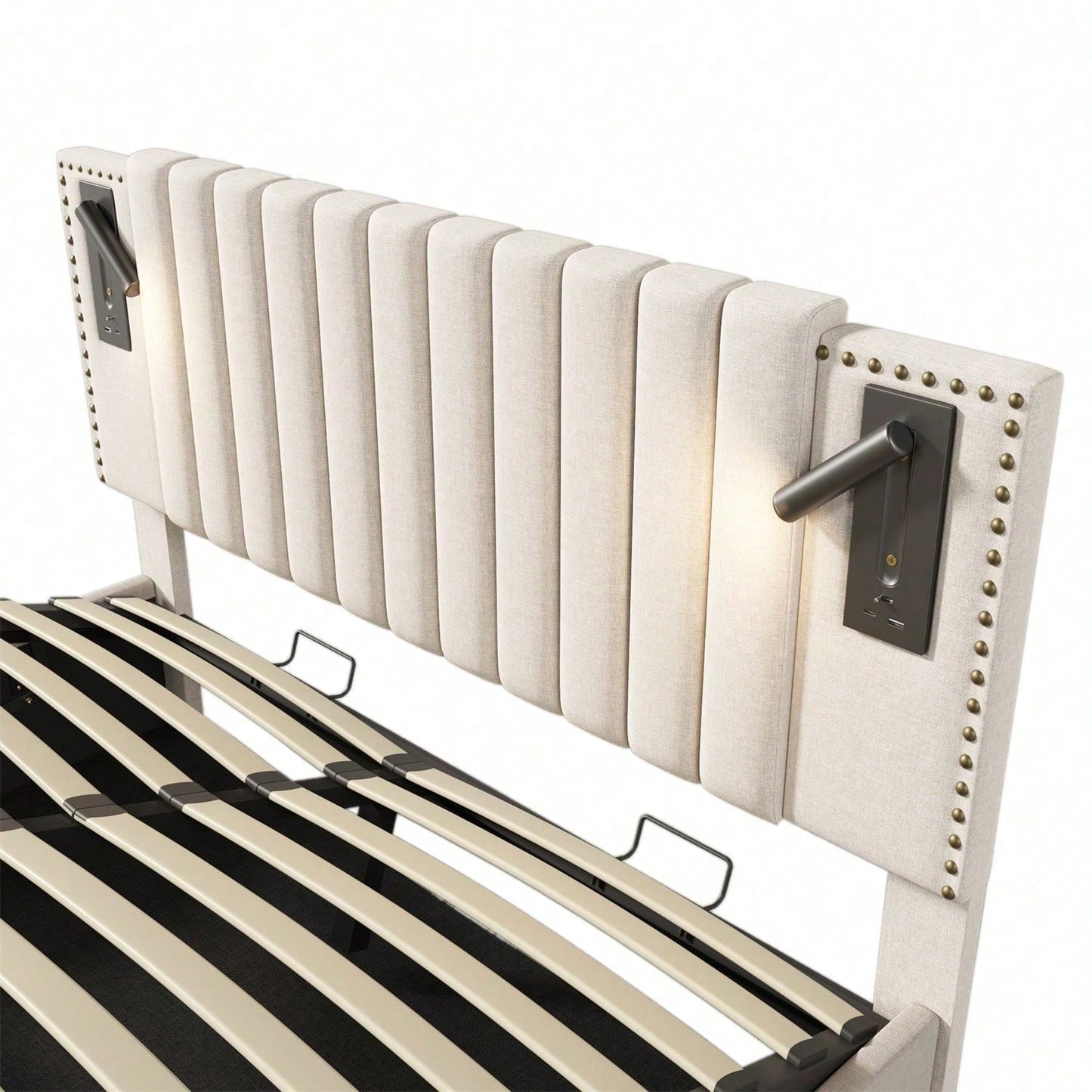 Polsterbett 140x200,Doppelbett Stauraum Bettkasten ,Leselicht mit USB Ladefunktion Kopfteil,Rückenlehne mit Nietendesign,Bett mit Lattenrost und Bettkasten, Baumwolle, Grau