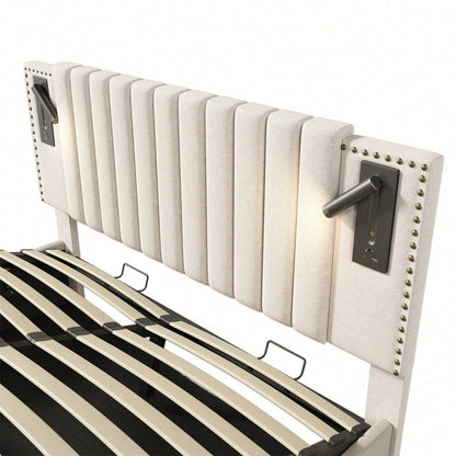 Polsterbett 140x200,Doppelbett Stauraum Bettkasten ,Leselicht mit USB Ladefunktion Kopfteil,Rückenlehne mit Nietendesign,Bett mit Lattenrost und Bettkasten, Baumwolle, Grau