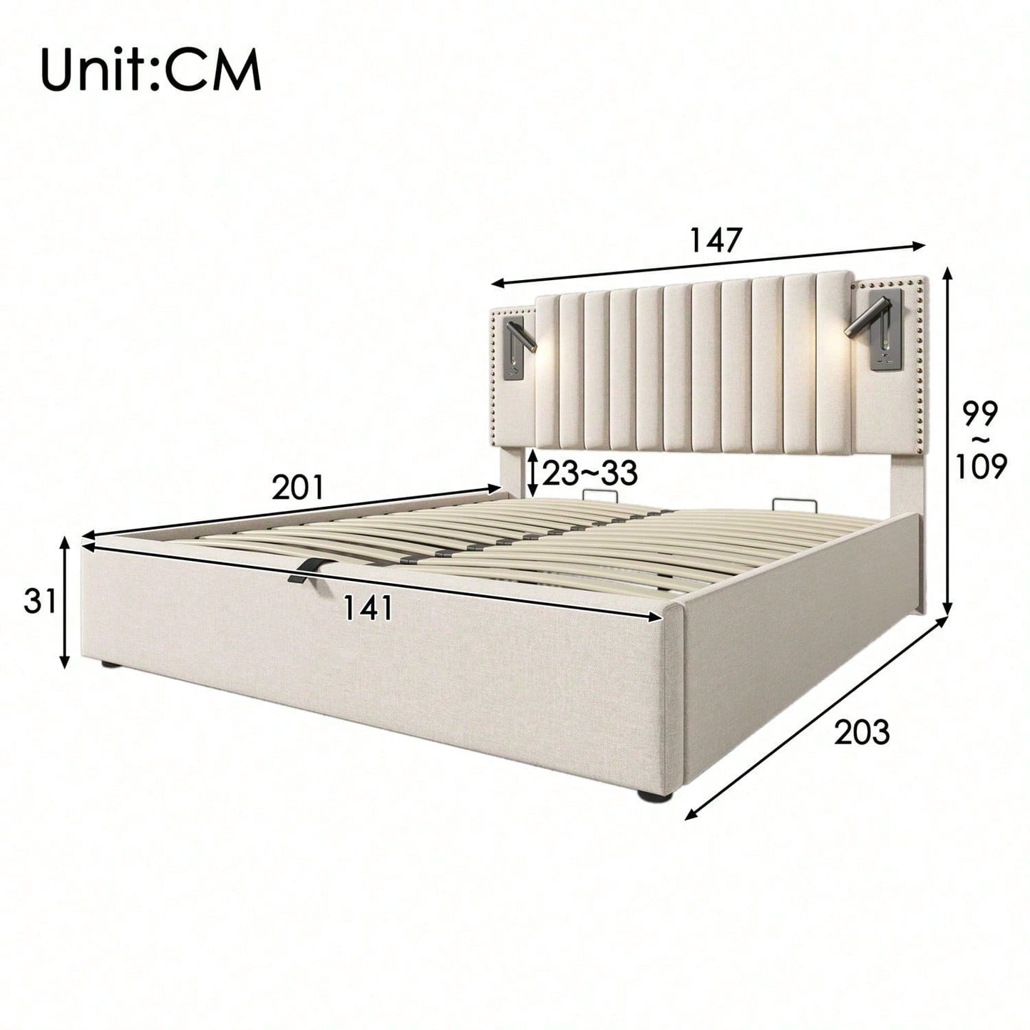 Polsterbett 140x200,Doppelbett Stauraum Bettkasten ,Leselicht mit USB Ladefunktion Kopfteil,Rückenlehne mit Nietendesign,Bett mit Lattenrost und Bettkasten, Baumwolle, Grau
