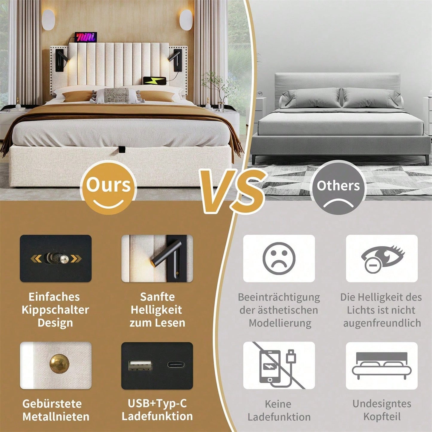 Polsterbett 140x200,Doppelbett Stauraum Bettkasten ,Leselicht mit USB Ladefunktion Kopfteil,Rückenlehne mit Nietendesign,Bett mit Lattenrost und Bettkasten, Baumwolle, Grau