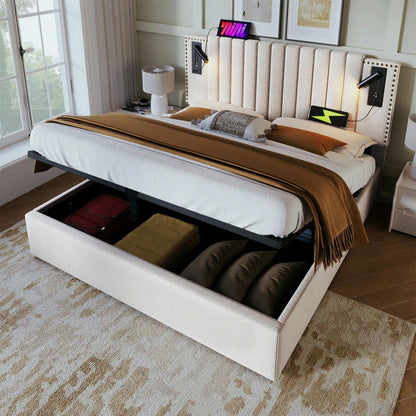 Polsterbett 140x200,Doppelbett Stauraum Bettkasten ,Leselicht mit USB Ladefunktion Kopfteil,Rückenlehne mit Nietendesign,Bett mit Lattenrost und Bettkasten, Baumwolle, Grau