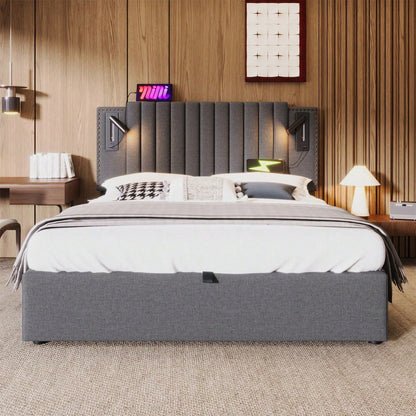 Polsterbett 140x200,Doppelbett Stauraum Bettkasten ,Leselicht mit USB Ladefunktion Kopfteil,Rückenlehne mit Nietendesign,Bett mit Lattenrost und Bettkasten, Baumwolle, Grau