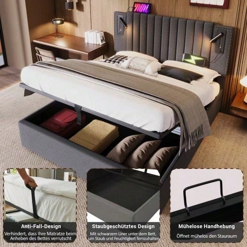 Polsterbett 140x200,Doppelbett Stauraum Bettkasten ,Leselicht mit USB Ladefunktion Kopfteil,Rückenlehne mit Nietendesign,Bett mit Lattenrost und Bettkasten, Baumwolle, Grau