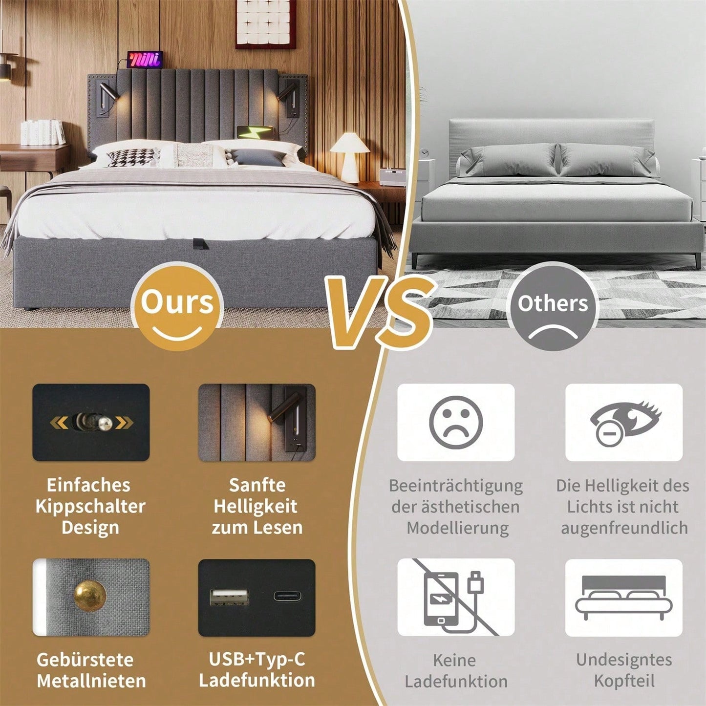 Polsterbett 140x200,Doppelbett Stauraum Bettkasten ,Leselicht mit USB Ladefunktion Kopfteil,Rückenlehne mit Nietendesign,Bett mit Lattenrost und Bettkasten, Baumwolle, Grau