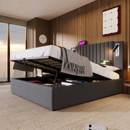 Polsterbett 140x200,Doppelbett Stauraum Bettkasten ,Leselicht mit USB Ladefunktion Kopfteil,Rückenlehne mit Nietendesign,Bett mit Lattenrost und Bettkasten, Baumwolle, Grau