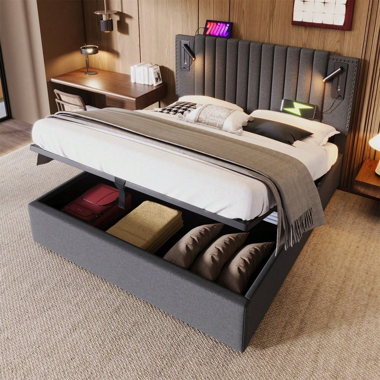 Polsterbett 140x200,Doppelbett Stauraum Bettkasten ,Leselicht mit USB Ladefunktion Kopfteil,Rückenlehne mit Nietendesign,Bett mit Lattenrost und Bettkasten, Baumwolle, Grau