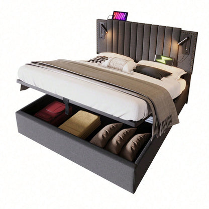 Polsterbett 140x200,Doppelbett Stauraum Bettkasten ,Leselicht mit USB Ladefunktion Kopfteil,Rückenlehne mit Nietendesign,Bett mit Lattenrost und Bettkasten, Baumwolle, Grau