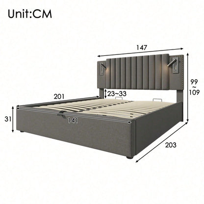 Polsterbett 140x200,Doppelbett Stauraum Bettkasten ,Leselicht mit USB Ladefunktion Kopfteil,Rückenlehne mit Nietendesign,Bett mit Lattenrost und Bettkasten, Baumwolle, Grau
