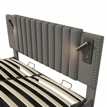 Polsterbett 140x200,Doppelbett Stauraum Bettkasten ,Leselicht mit USB Ladefunktion Kopfteil,Rückenlehne mit Nietendesign,Bett mit Lattenrost und Bettkasten, Baumwolle, Grau