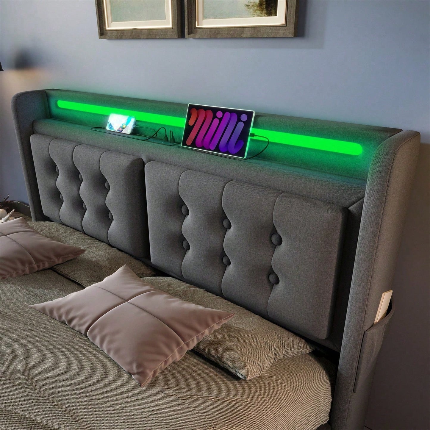 Polsterbett 160x200, Doppelbett mit Led-Kopfteil und USB C Ladefunktion, Hydraulisches Bett mit Lattenrost aus Holz und Metallrahmen, Belastbarkeit 300 kg,Grau,Baumwolle