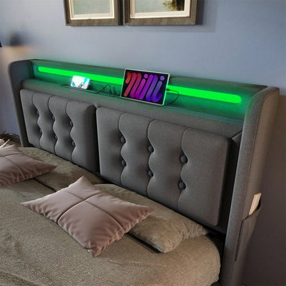 Polsterbett 160x200, Doppelbett mit Led-Kopfteil und USB C Ladefunktion, Hydraulisches Bett mit Lattenrost aus Holz und Metallrahmen, Belastbarkeit 300 kg,Grau,Baumwolle
