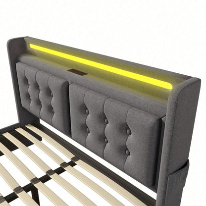 Polsterbett 160x200, Doppelbett mit Led-Kopfteil und USB C Ladefunktion, Hydraulisches Bett mit Lattenrost aus Holz und Metallrahmen, Belastbarkeit 300 kg,Grau,Baumwolle