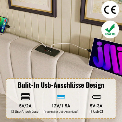 Polsterbett 180*200, Doppelbett Stauraumbett mit LED und USB-C Ladefunktion, Bettgestell mit Lattenrost, Leinen, Beige, Ohne Matratze und Nachttisch