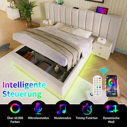 Polsterbett 180*200, Doppelbett Stauraumbett mit LED und USB-C Ladefunktion, Bettgestell mit Lattenrost, Leinen, Beige, Ohne Matratze und Nachttisch