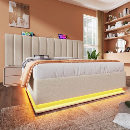 Polsterbett 180*200, Doppelbett Stauraumbett mit LED und USB-C Ladefunktion, Bettgestell mit Lattenrost, Leinen, Beige, Ohne Matratze und Nachttisch