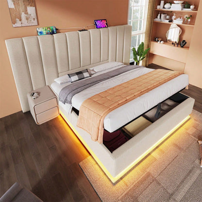 Polsterbett 180*200, Doppelbett Stauraumbett mit LED und USB-C Ladefunktion, Bettgestell mit Lattenrost, Leinen, Beige, Ohne Matratze und Nachttisch