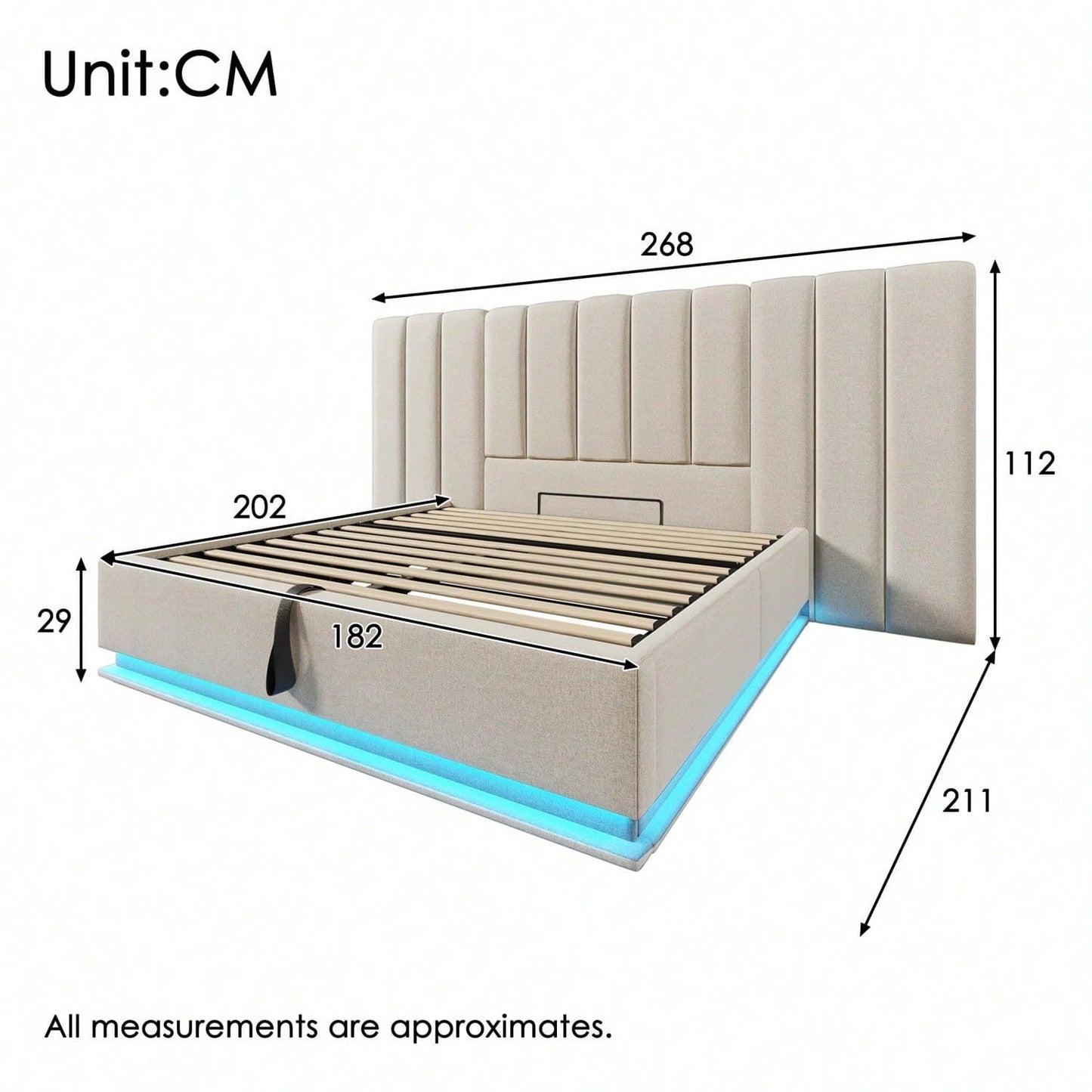 Polsterbett 180*200, Doppelbett Stauraumbett mit LED und USB-C Ladefunktion, Bettgestell mit Lattenrost, Leinen, Beige, Ohne Matratze und Nachttisch