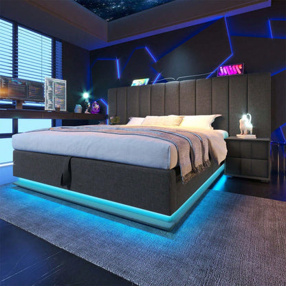 Polsterbett 180*200, Doppelbett Stauraumbett mit LED und USB-C Ladefunktion, Bettgestell mit Lattenrost, Leinen, Beige, Ohne Matratze und Nachttisch