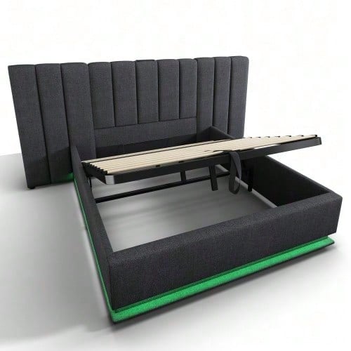 Polsterbett 180*200, Doppelbett Stauraumbett mit LED und USB-C Ladefunktion, Bettgestell mit Lattenrost, Leinen, Beige, Ohne Matratze und Nachttisch