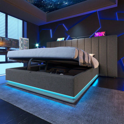Polsterbett 180*200, Doppelbett Stauraumbett mit LED und USB-C Ladefunktion, Bettgestell mit Lattenrost, Leinen, Beige, Ohne Matratze und Nachttisch