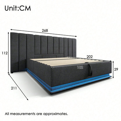 Polsterbett 180*200, Doppelbett Stauraumbett mit LED und USB-C Ladefunktion, Bettgestell mit Lattenrost, Leinen, Beige, Ohne Matratze und Nachttisch
