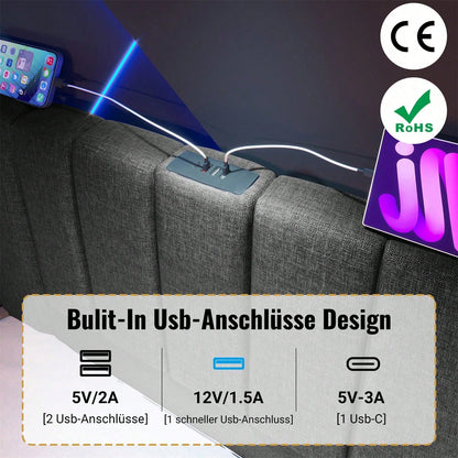 Polsterbett 180*200, Doppelbett Stauraumbett mit LED und USB-C Ladefunktion, Bettgestell mit Lattenrost, Leinen, Beige, Ohne Matratze und Nachttisch