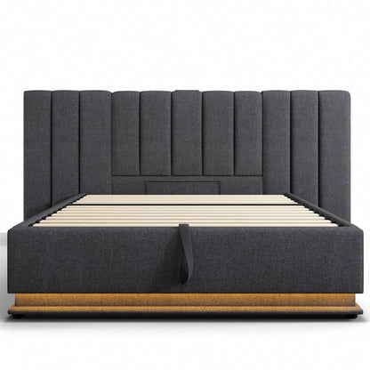 Polsterbett 180*200, Doppelbett Stauraumbett mit LED und USB-C Ladefunktion, Bettgestell mit Lattenrost, Leinen, Beige, Ohne Matratze und Nachttisch