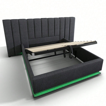 Polsterbett 180*200, Doppelbett Stauraumbett mit LED und USB-C Ladefunktion, Bettgestell mit Lattenrost, Leinen, Beige, Ohne Matratze und Nachttisch